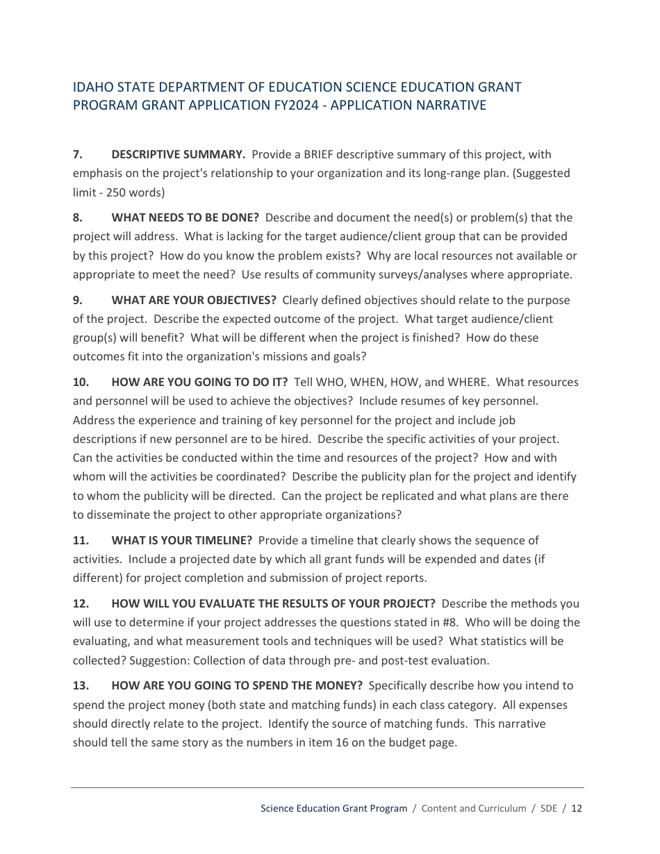 Science Education Grant Program Application - Idaho, Page 12