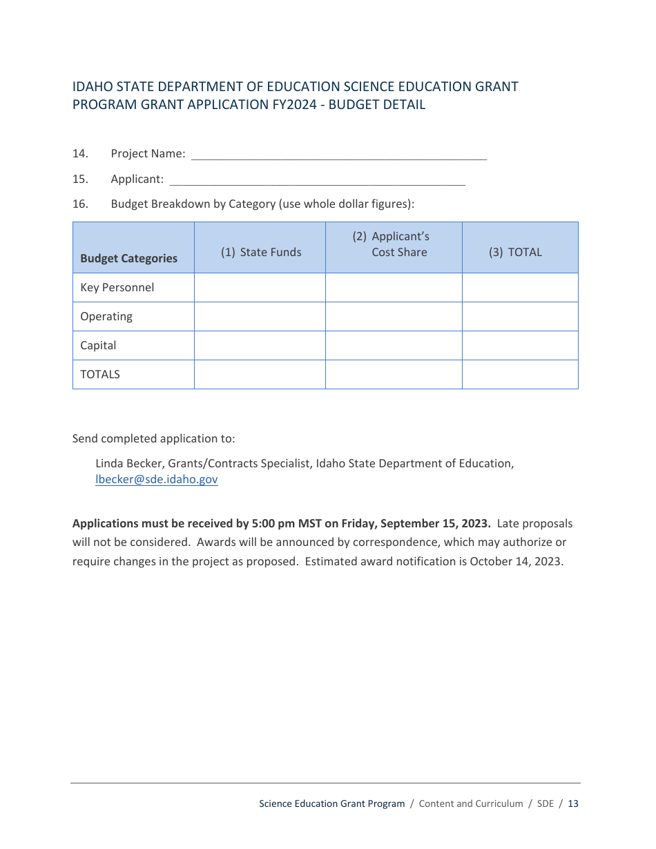 Science Education Grant Program Application - Idaho, Page 13