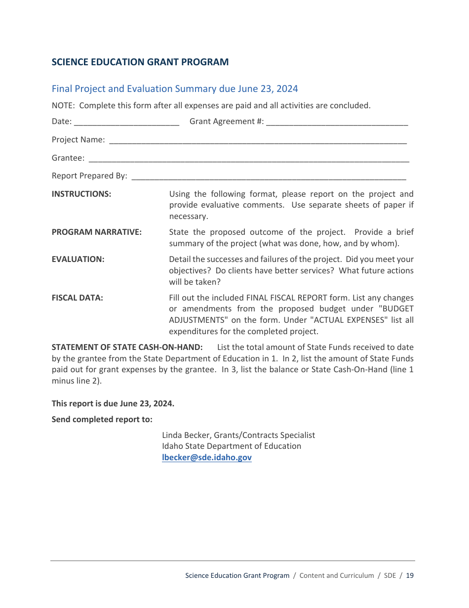 Science Education Grant Program Application - Idaho, Page 19