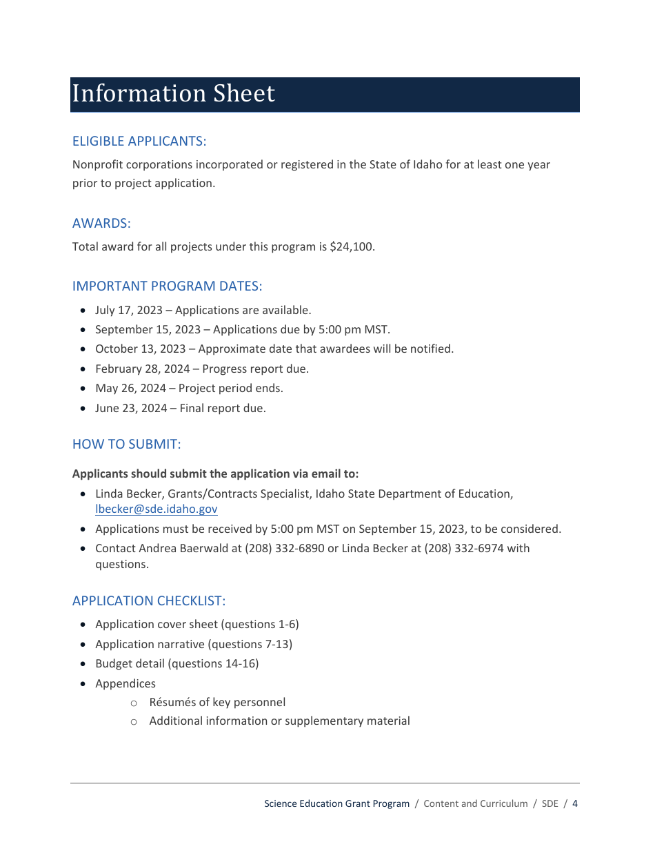 Science Education Grant Program Application - Idaho, Page 4