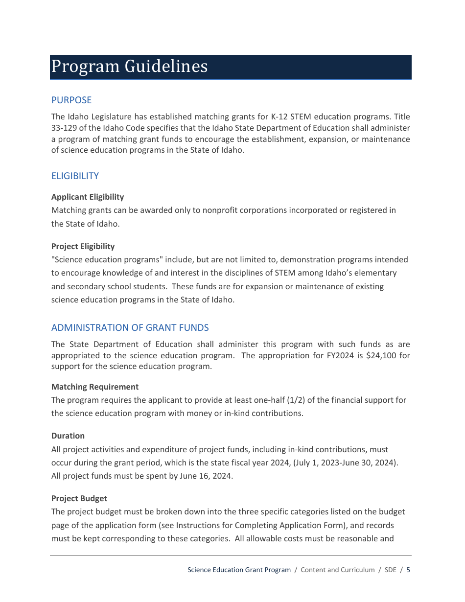 Science Education Grant Program Application - Idaho, Page 5