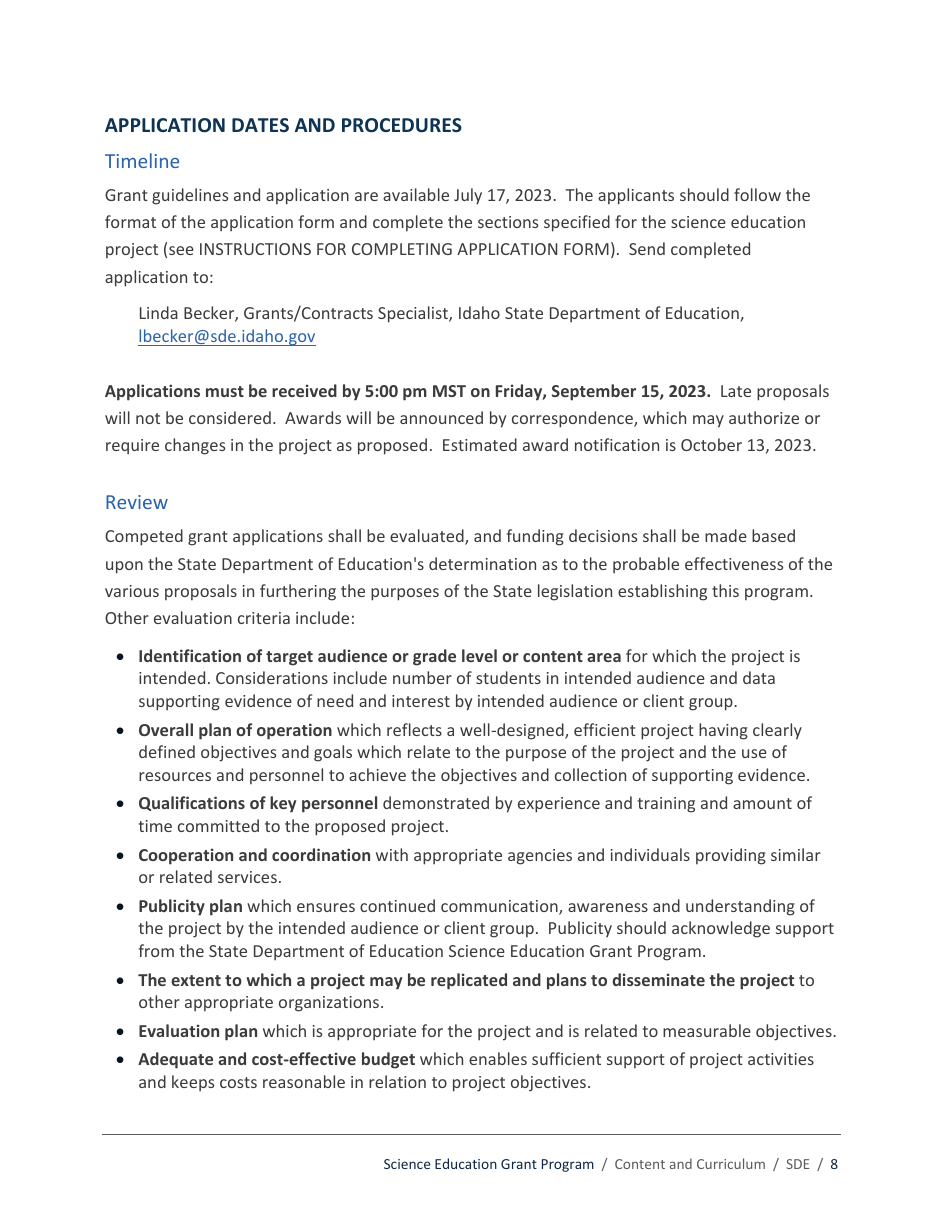 Science Education Grant Program Application - Idaho, Page 8