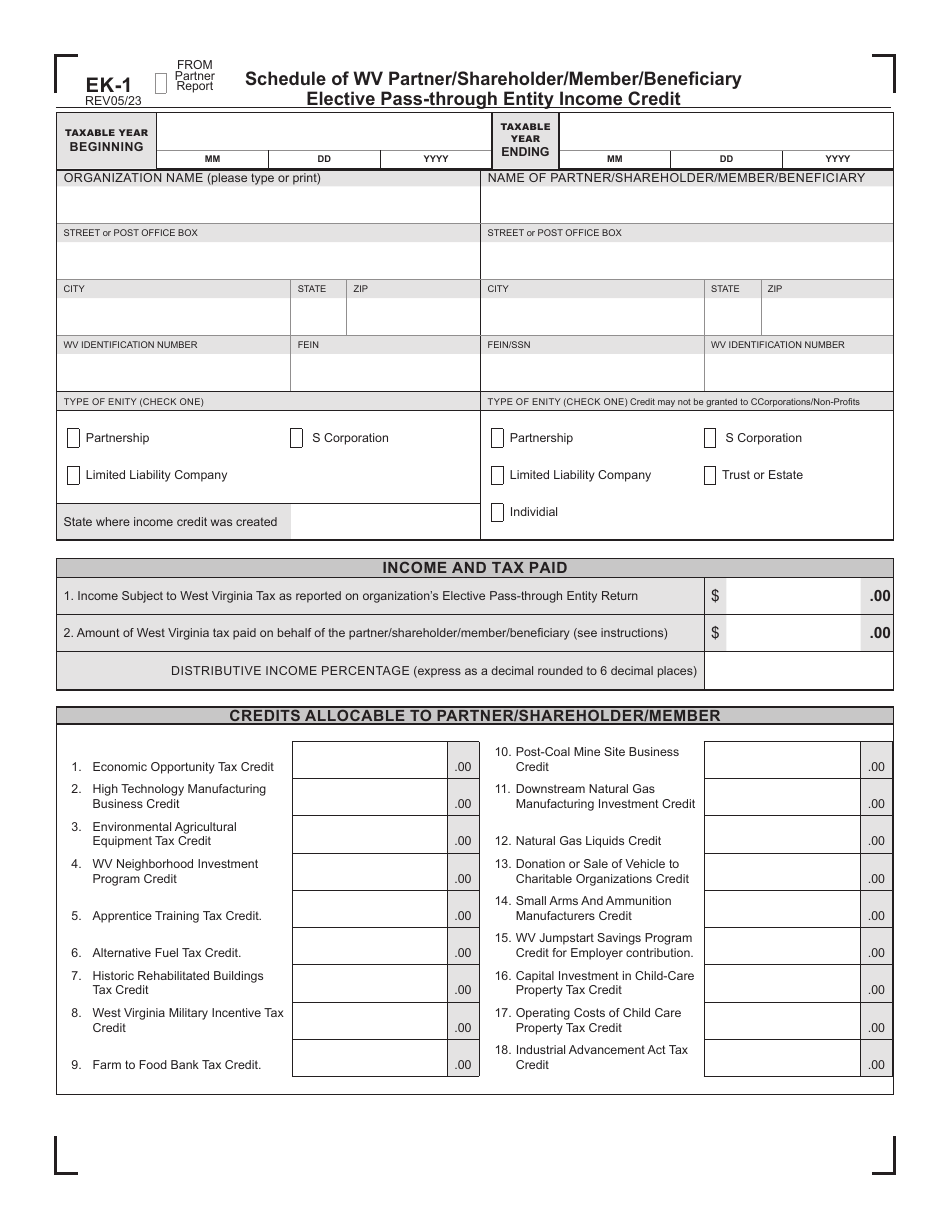 Schedule EK-1 Schedule of Wv Partner / Shareholder / Member / Beneficiary Elective Pass-Through Entity Income Credit - West Virginia, Page 1