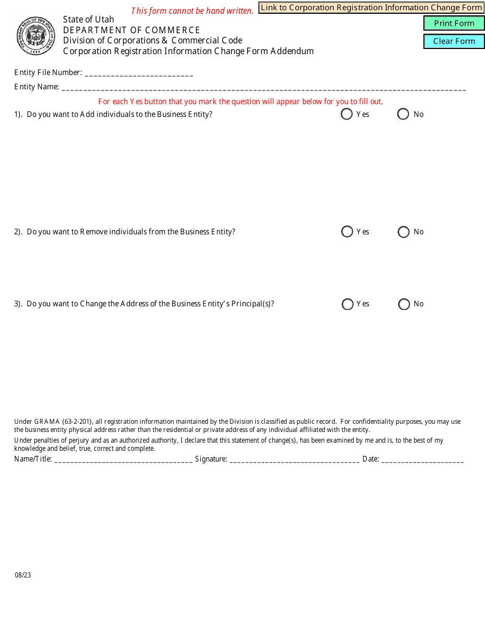 Corporation Registration Information Change Form Addendum - Utah, Page 1