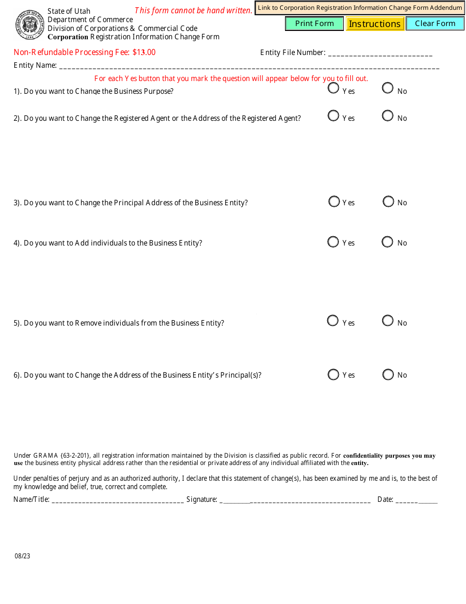 Corporation Registration Information Change Form - Utah, Page 1