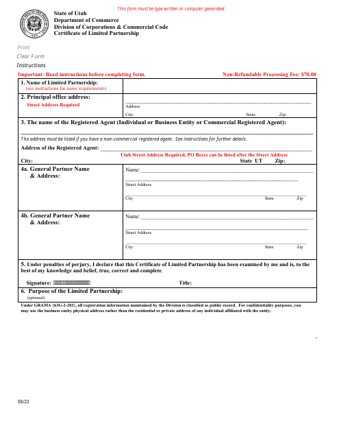 Utah Certificate of Limited Partnership Download Fillable PDF