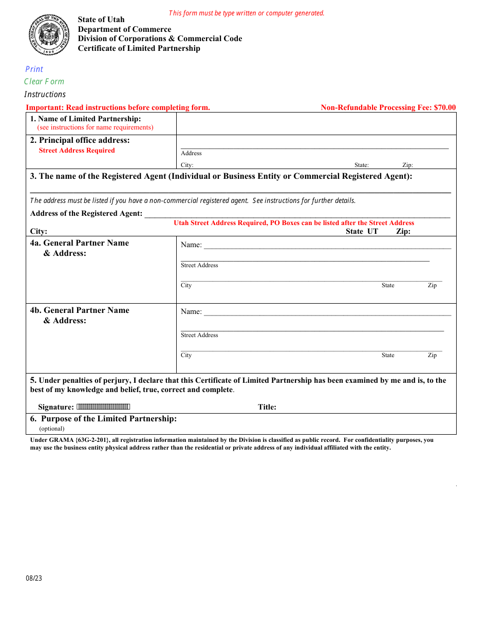 Certificate of Limited Partnership - Utah, Page 1