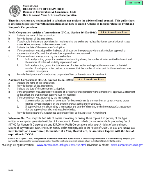 Instructions for Articles of Amendment to Articles of Incorporation (Profit / Non-profit) - Utah Download Pdf
