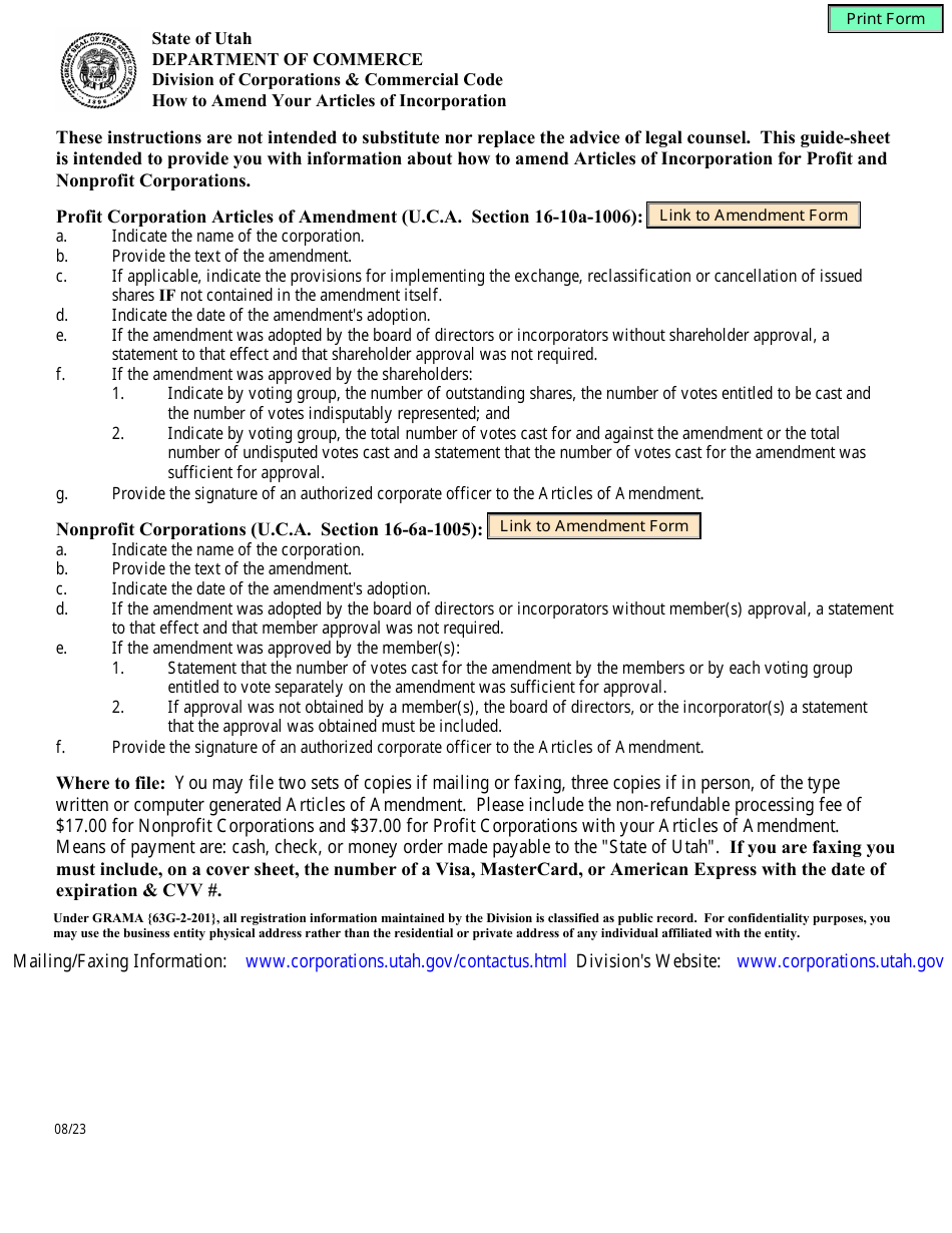 Instructions for Articles of Amendment to Articles of Incorporation (Profit / Non-profit) - Utah, Page 1