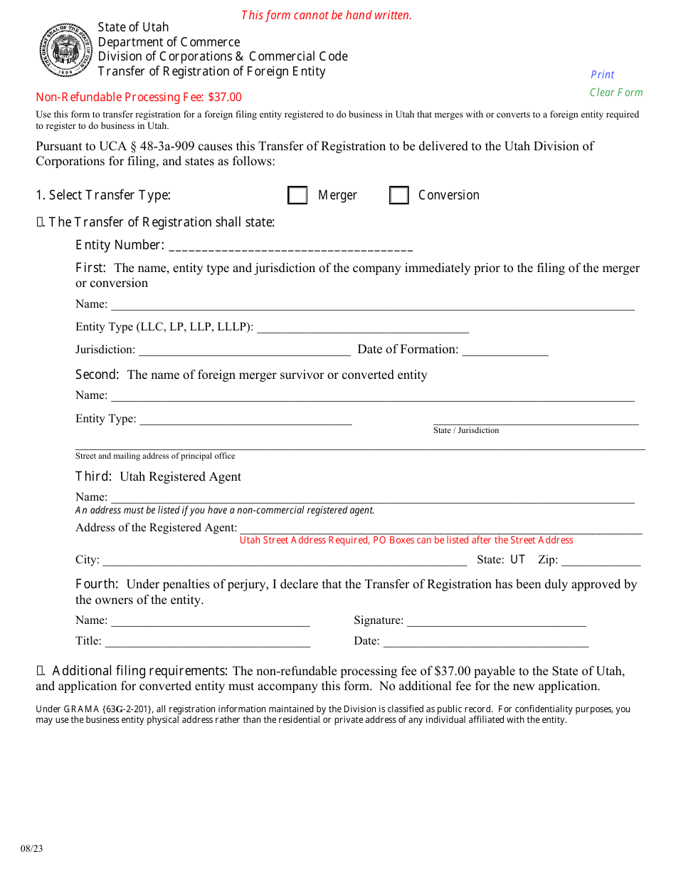 Transfer of Registration of Foreign Entity - Utah, Page 1