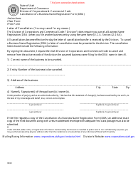 Document preview: Cancellation of a Business Name Registration Form (Dba) - Utah