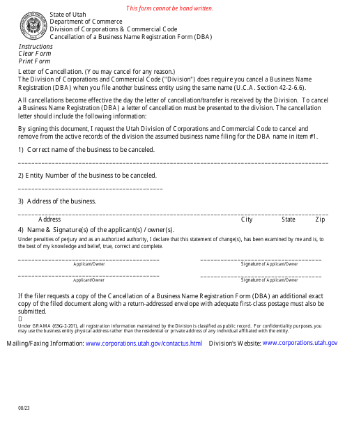 Cancellation of a Business Name Registration Form (Dba) - Utah Download Pdf