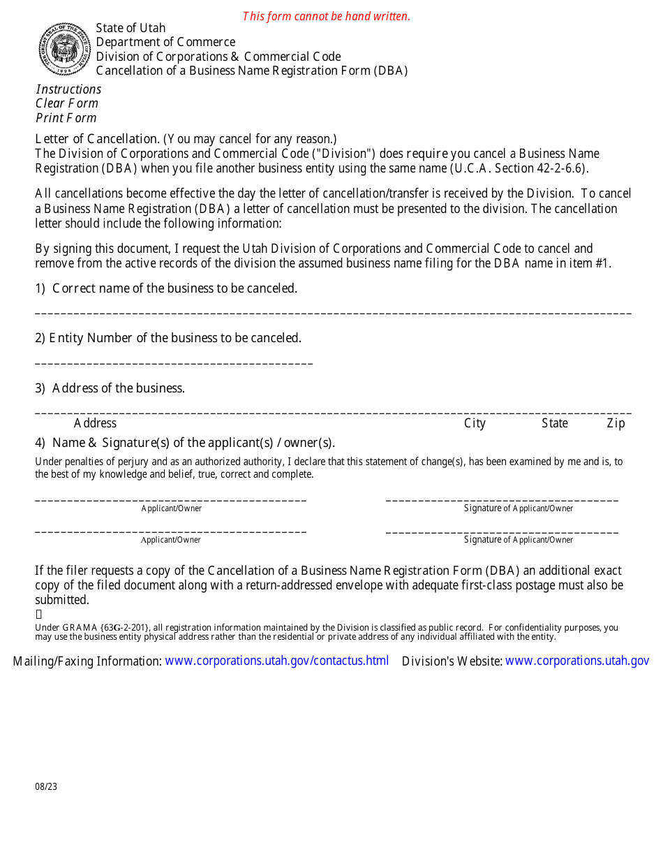 Cancellation of a Business Name Registration Form (Dba) - Utah, Page 1