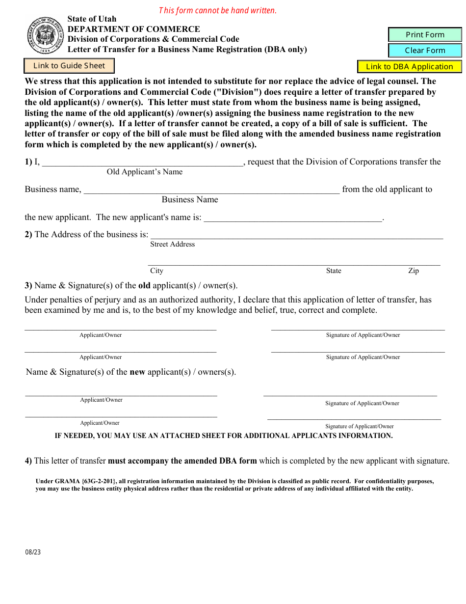 Letter of Transfer for a Business Name Registration - Utah, Page 1