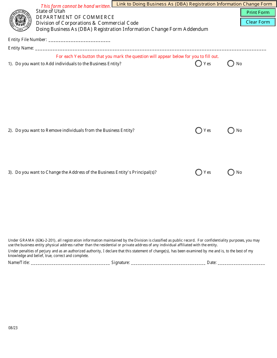 Doing Business as (Dba) Registration Information Change Form Addendum - Utah, Page 1