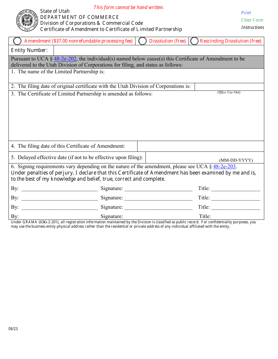 Certificate of Amendment to Certificate of Limited Partnership - Utah, Page 1