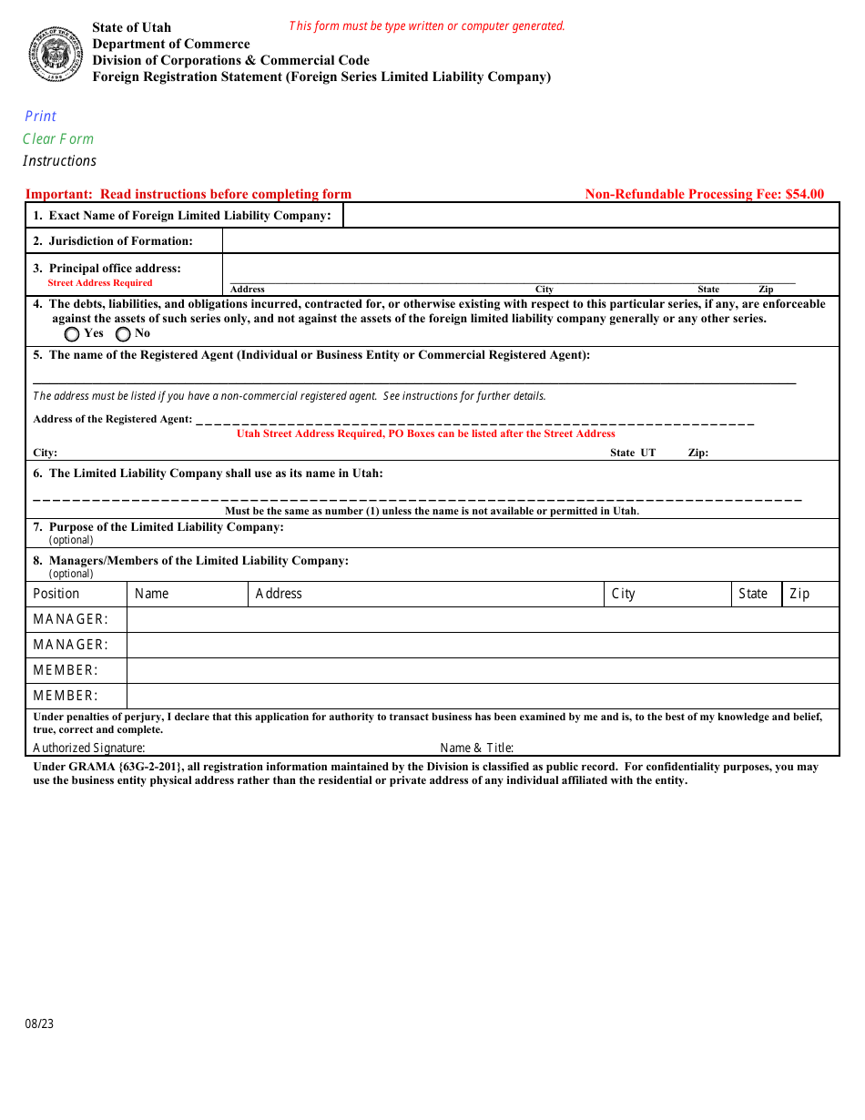 Foreign Registration Statement (Foreign Series Limited Liability Company) - Utah, Page 1