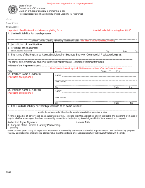 Foreign Registration Statement (Limited Liability Partnership) - Utah Download Pdf