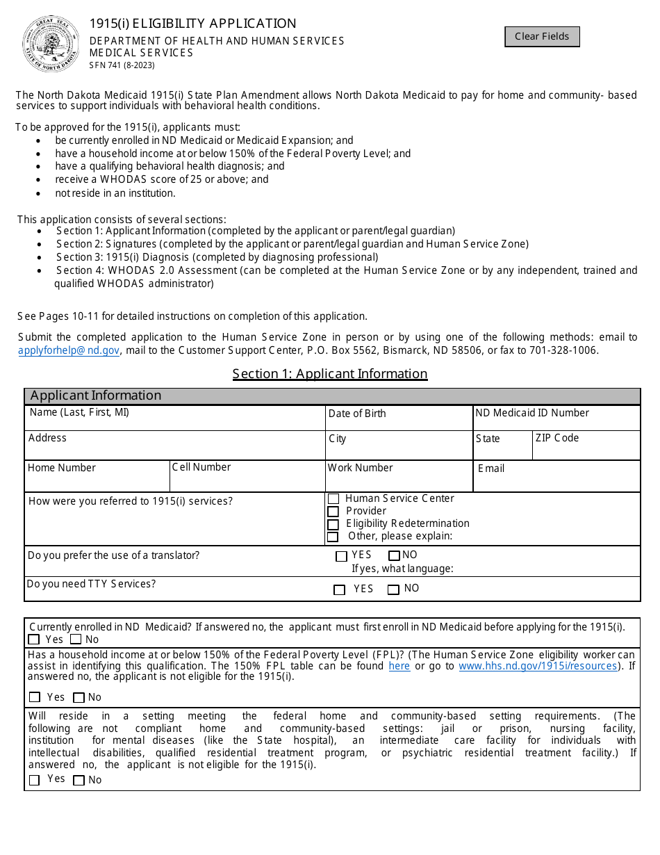 Form SFN741 1915(I) Eligibility Application - North Dakota, Page 1