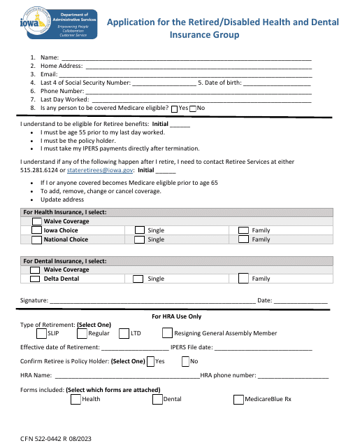 Form CFN522-0442 Application for the Retired/Disabled Health and Dental Insurance Group - Iowa