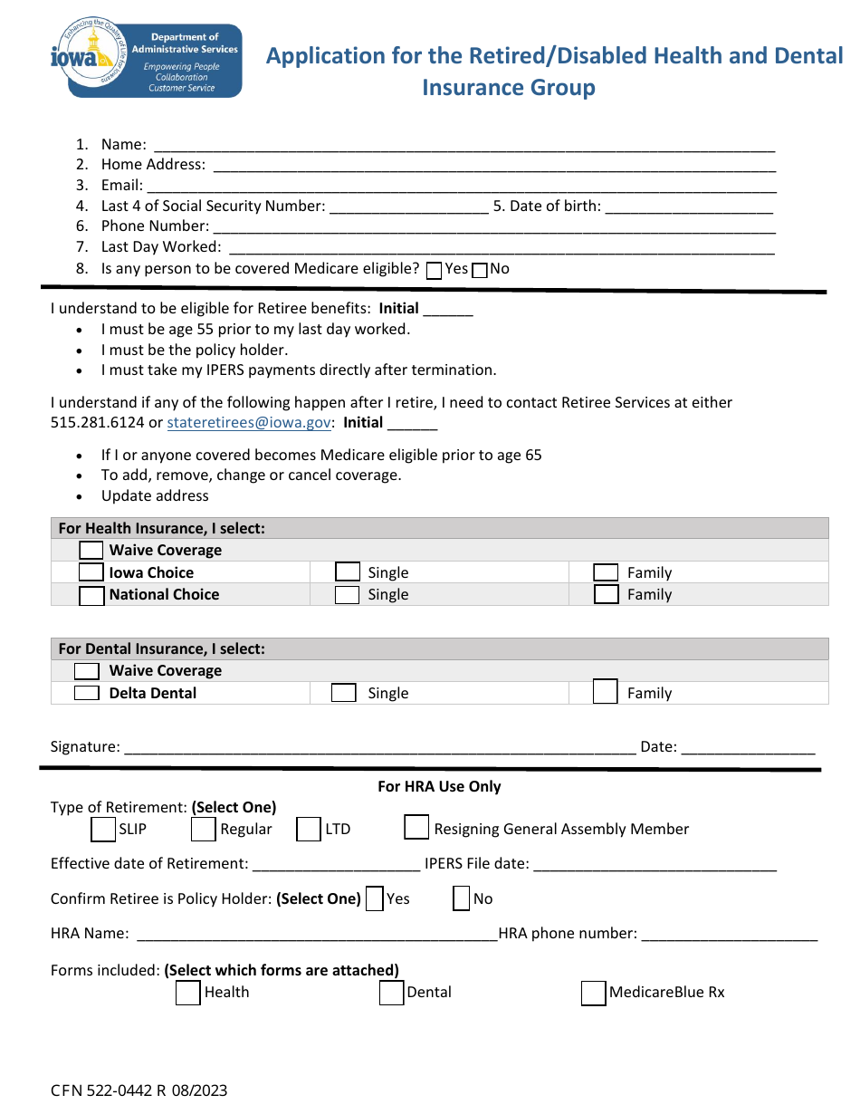 Form CFN522-0442 Application for the Retired / Disabled Health and Dental Insurance Group - Iowa, Page 1