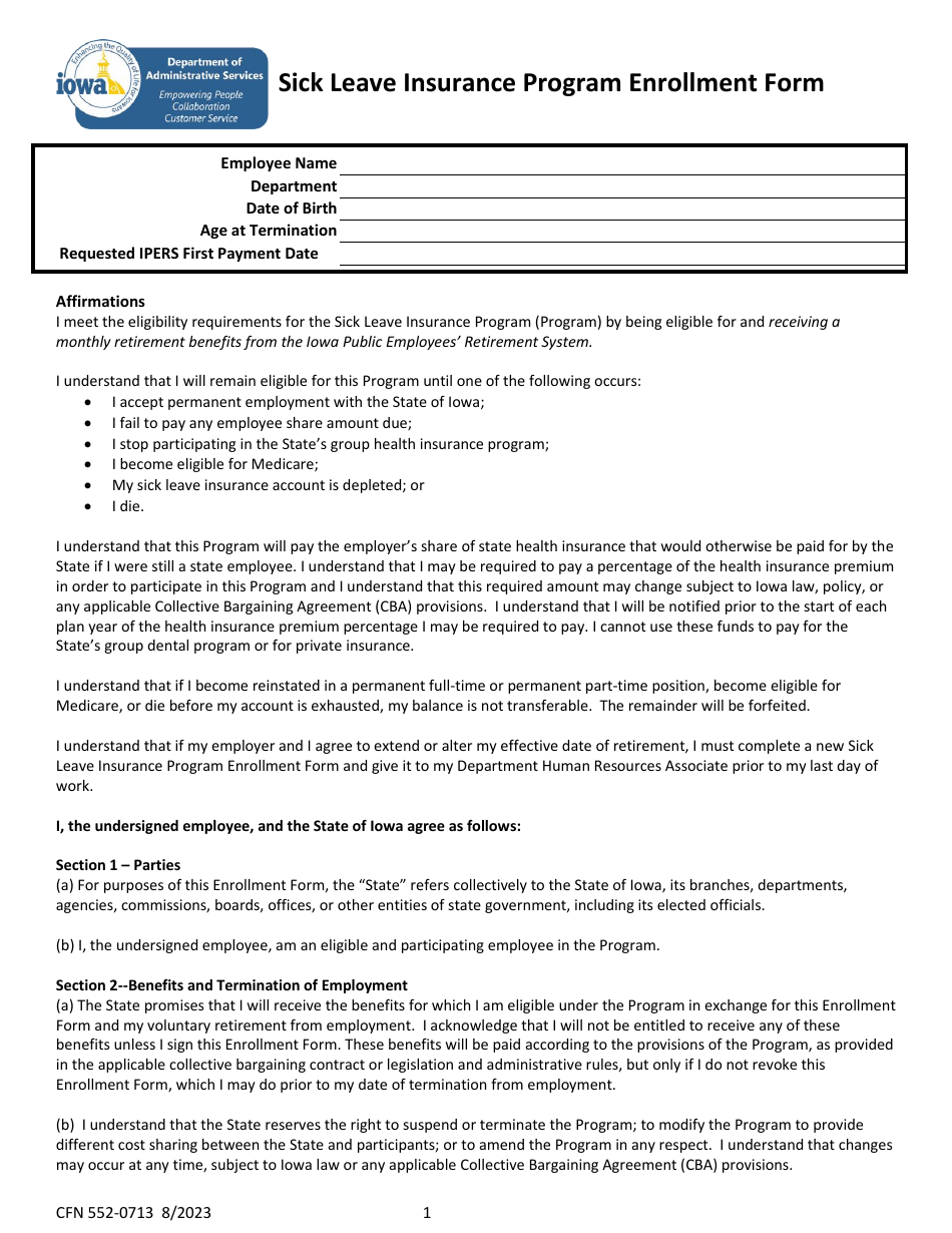 Form CFN552-0713 Sick Leave Insurance Program Enrollment Form - Iowa, Page 1