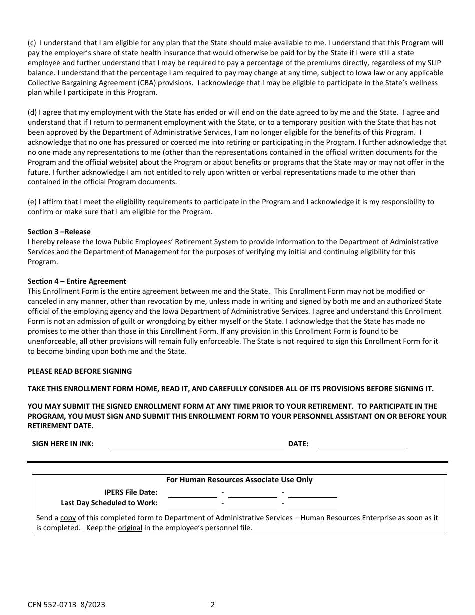 Form CFN552-0713 Sick Leave Insurance Program Enrollment Form - Iowa, Page 2