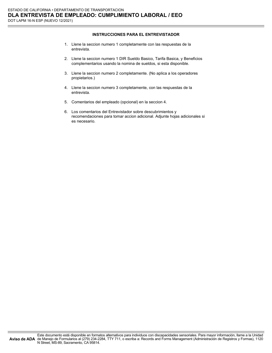 Formulario DOT LAPM16-N ESP Dla Entrevista De Empleado: Cumplimiento Laboral / Eeo - California (Spanish), Page 2