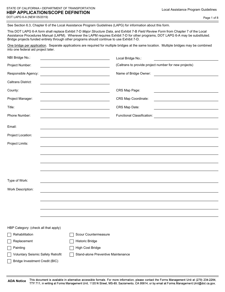 Form DOT LAPG6-A Hbp Application / Scope Definition - California, Page 1