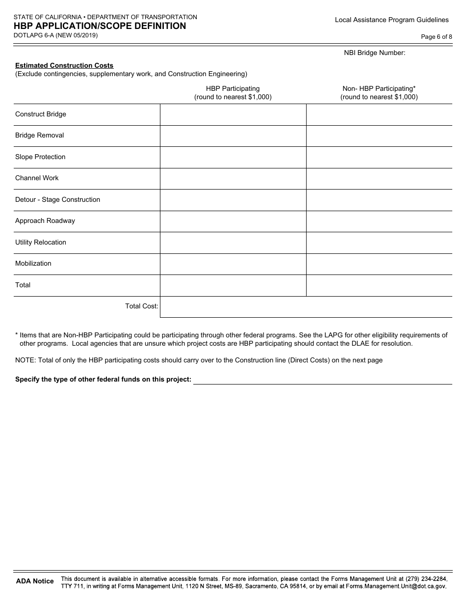 Form DOT LAPG6-A Hbp Application / Scope Definition - California, Page 6
