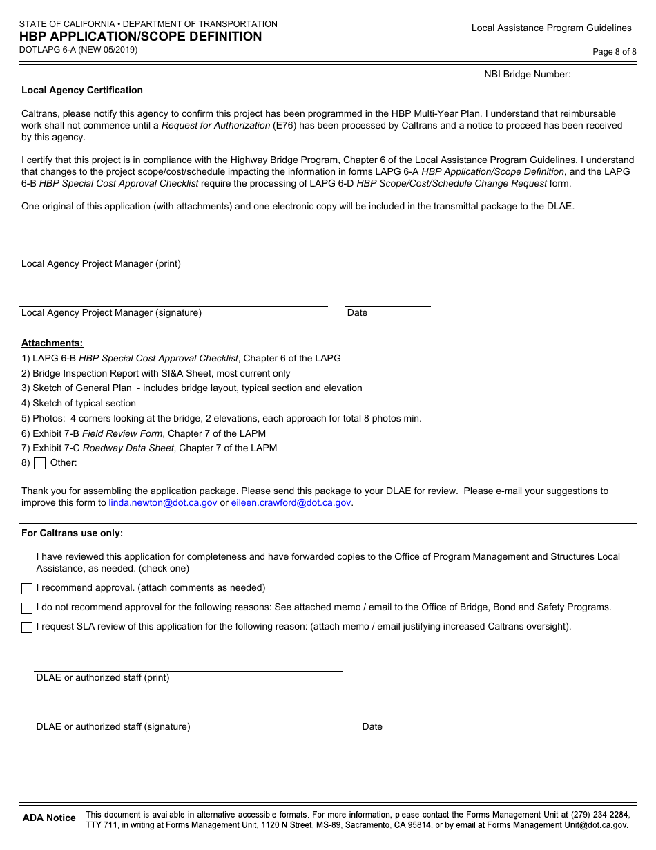 Form DOT LAPG6-A Hbp Application / Scope Definition - California, Page 8
