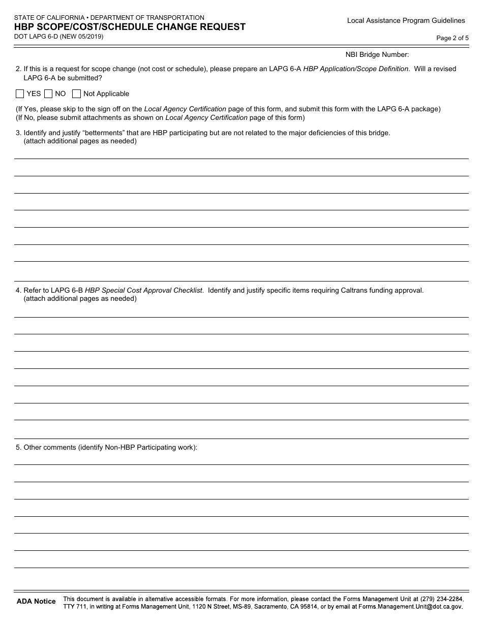 Form DOT LAPG6-D Hbp Scope / Cost / Schedule Change Request - California, Page 2