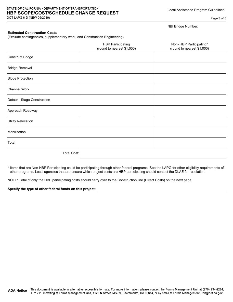Form DOT LAPG6-D Hbp Scope / Cost / Schedule Change Request - California, Page 3