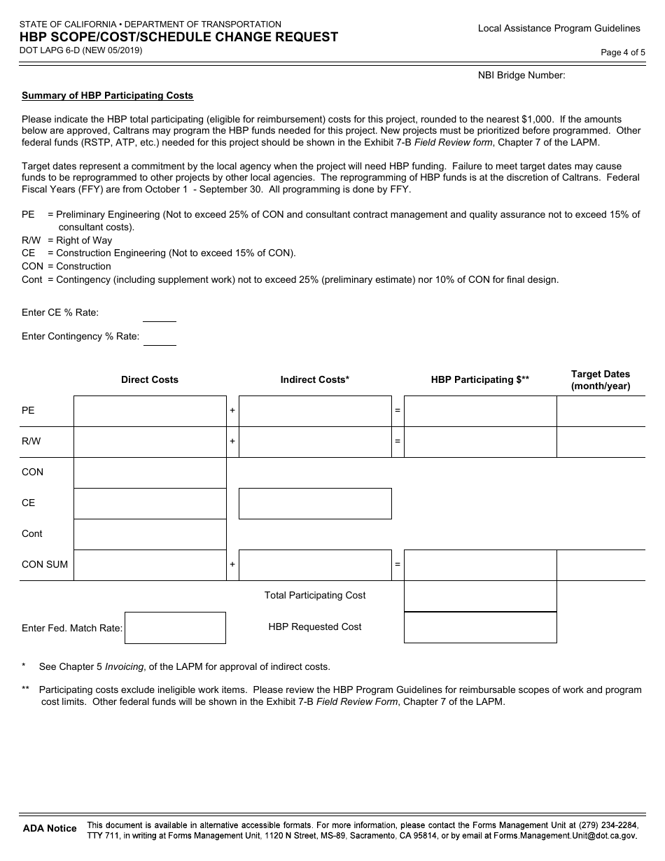 Form DOT LAPG6-D Hbp Scope / Cost / Schedule Change Request - California, Page 4