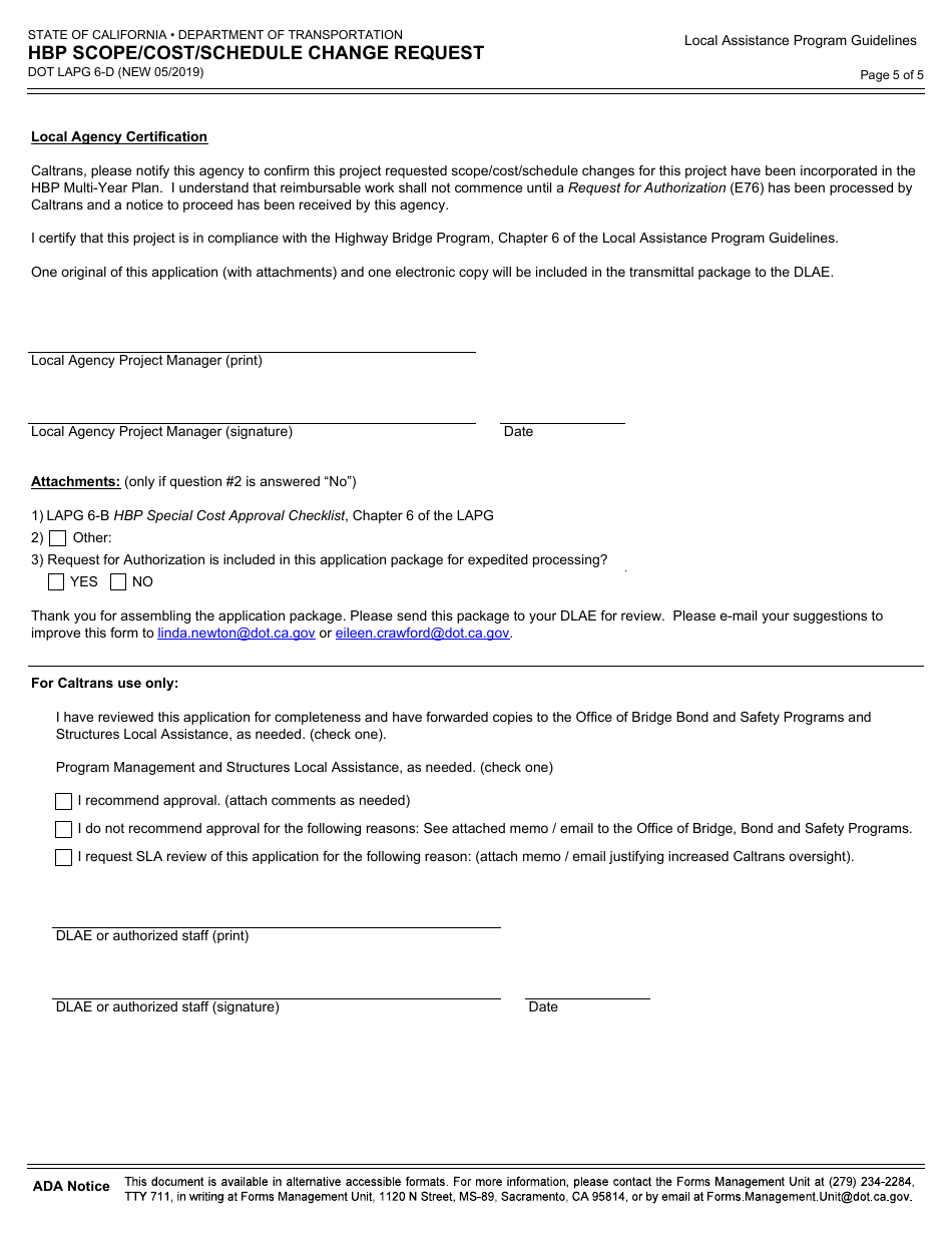 Form DOT LAPG6-D Hbp Scope / Cost / Schedule Change Request - California, Page 5