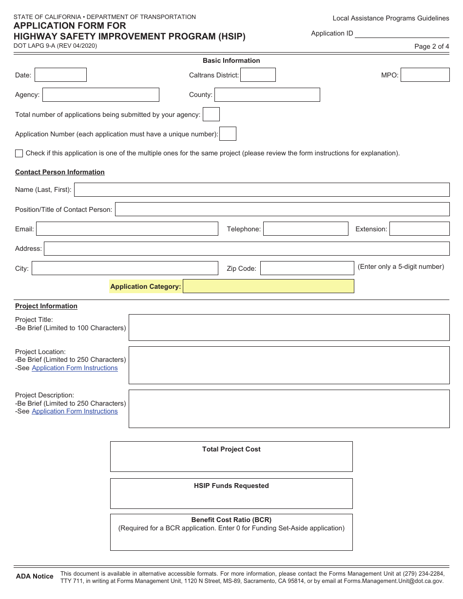 Form DOT LAPG9-A Application Form for Highway Safety Improvement Program (Hsip) - California, Page 2