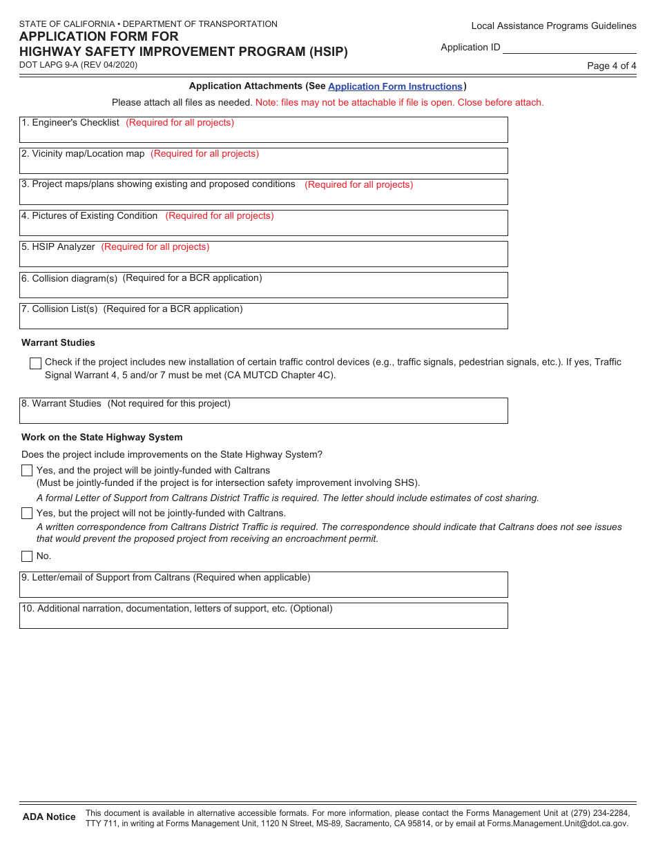 Form DOT LAPG9-A Application Form for Highway Safety Improvement Program (Hsip) - California, Page 4