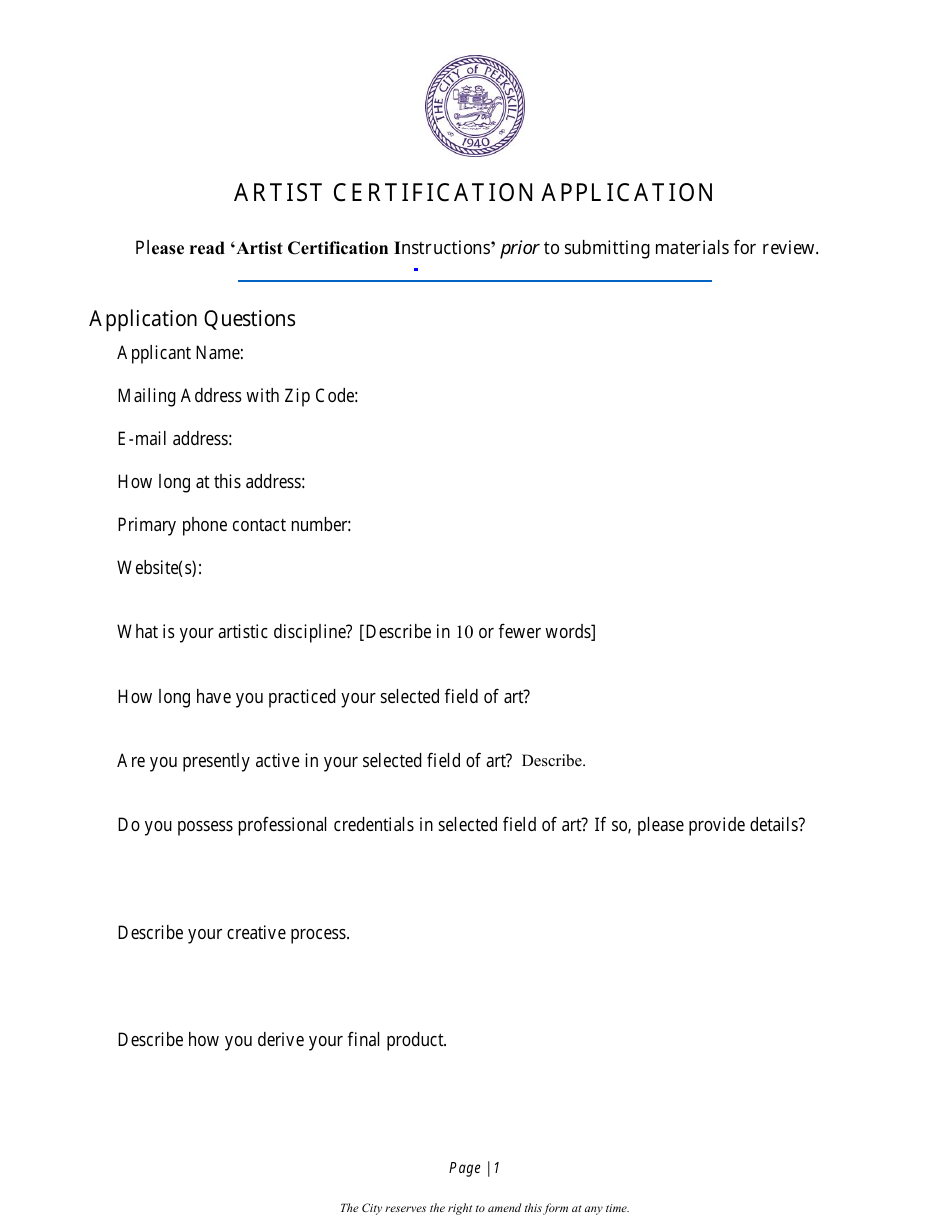 Artist Certification Application - City of Peekskill, New York, Page 1