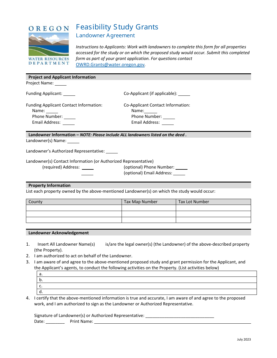 Feasibility Study Grants Landowner Agreement - Oregon, Page 1