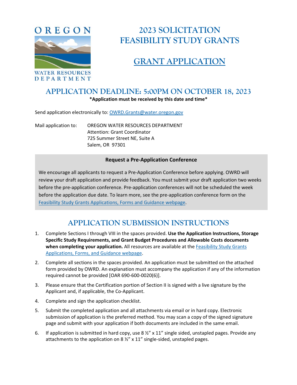 Solicitation Feasibility Study Grant Application - Oregon, Page 1