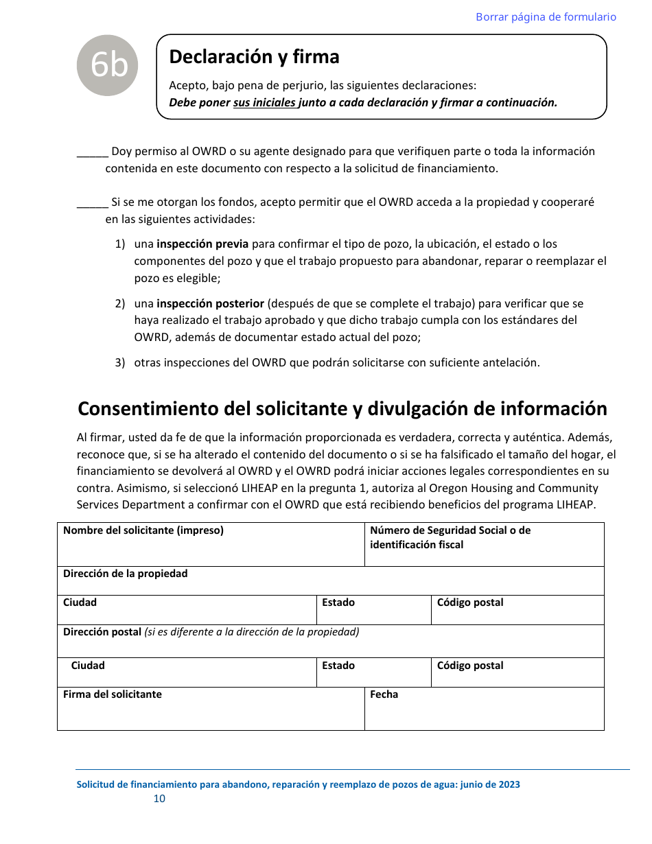 Solicitud De Financiamiento Para El Abandono, La Reparacion Y El Reemplazo De Pozos - Oregon (Spanish), Page 10