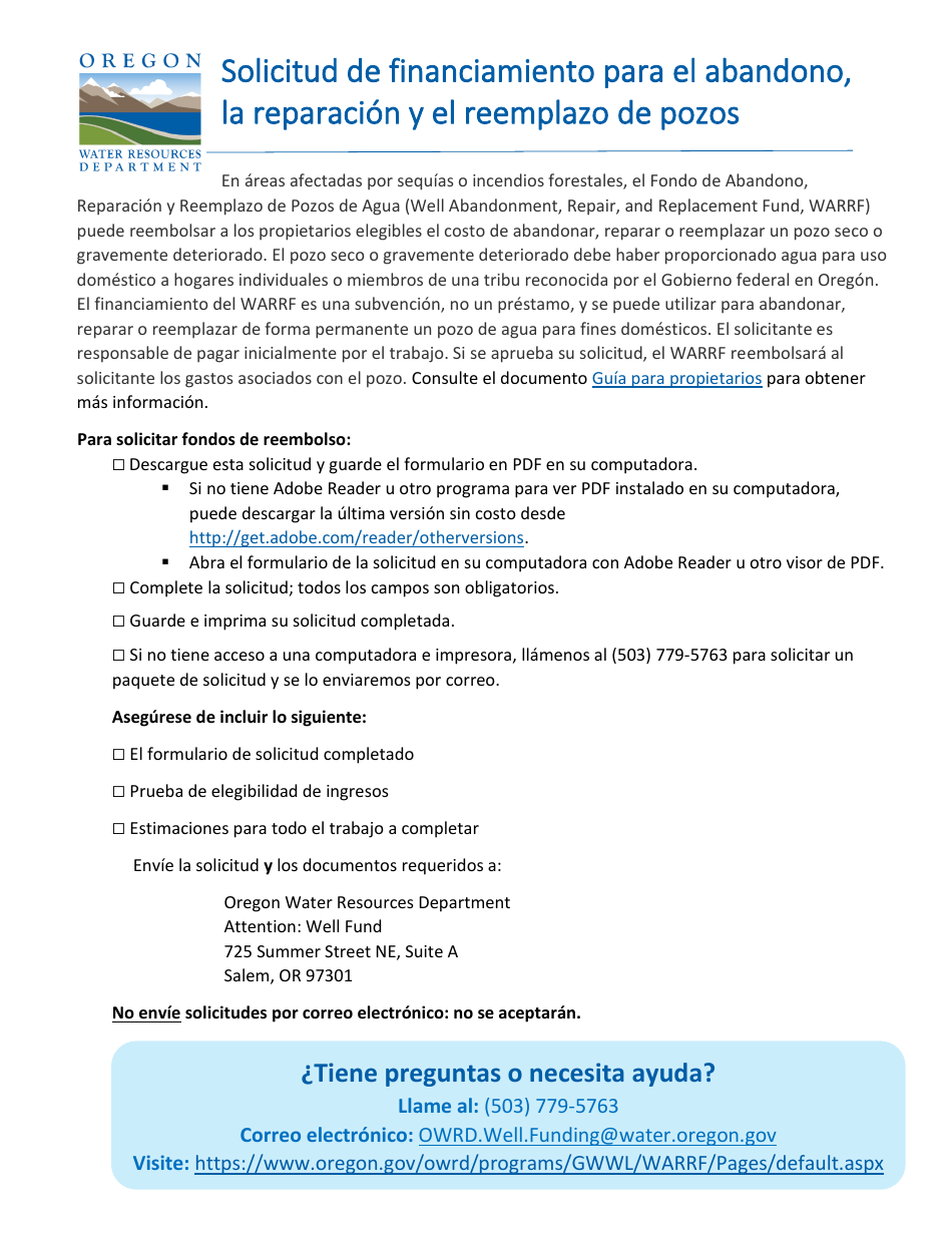 Solicitud De Financiamiento Para El Abandono, La Reparacion Y El Reemplazo De Pozos - Oregon (Spanish), Page 1