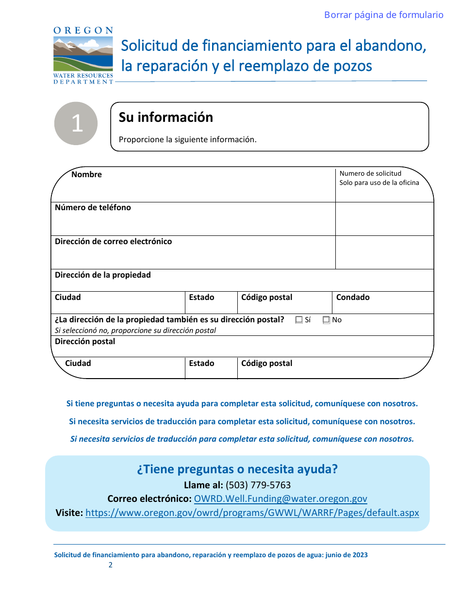 Solicitud De Financiamiento Para El Abandono, La Reparacion Y El Reemplazo De Pozos - Oregon (Spanish), Page 2