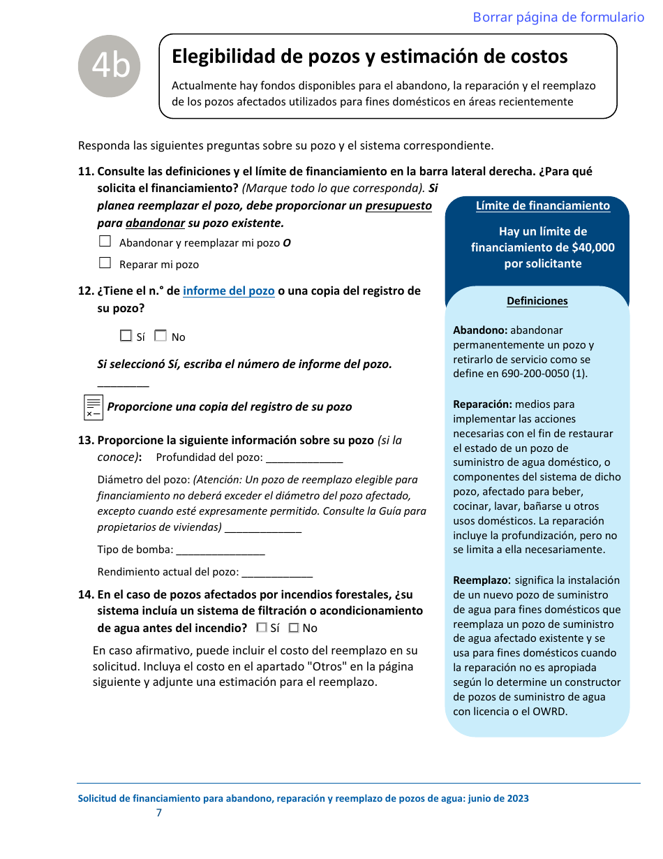Solicitud De Financiamiento Para El Abandono, La Reparacion Y El Reemplazo De Pozos - Oregon (Spanish), Page 7