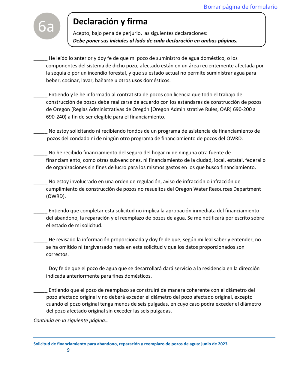 Solicitud De Financiamiento Para El Abandono, La Reparacion Y El Reemplazo De Pozos - Oregon (Spanish), Page 9