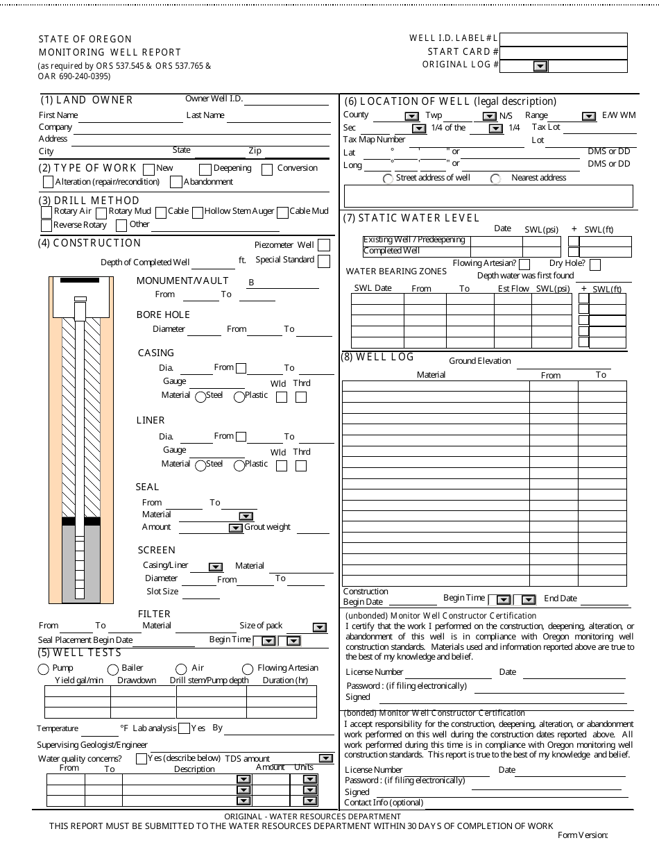 Monitoring Well Below Ground Form - Oregon, Page 1