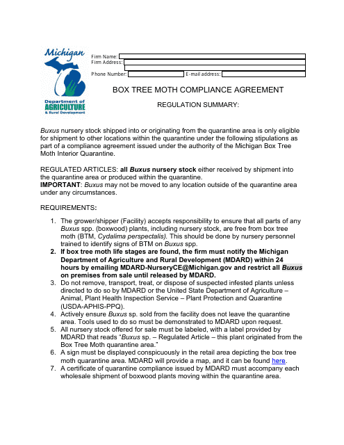 Box Tree Moth Compliance Agreement - Michigan