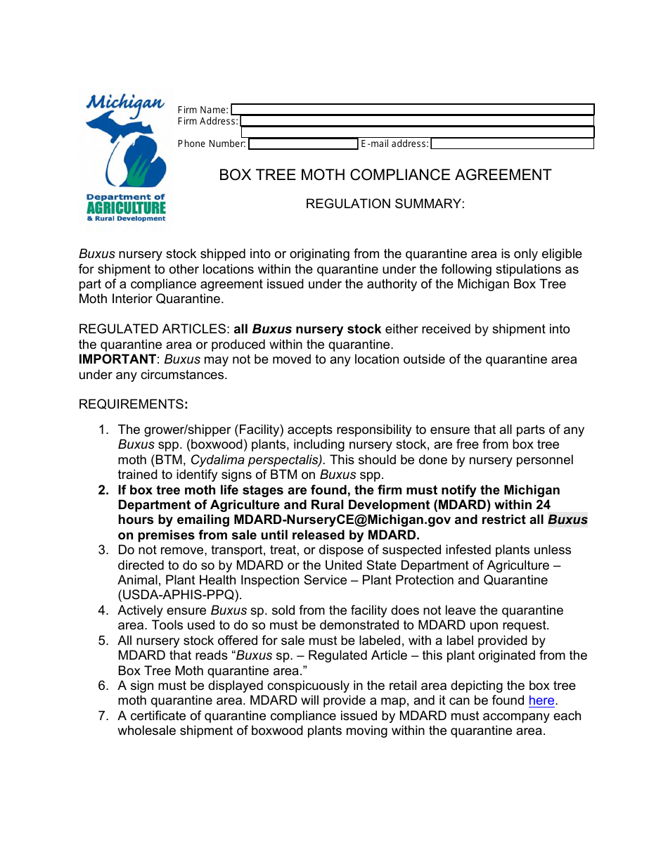 Box Tree Moth Compliance Agreement - Michigan, Page 1