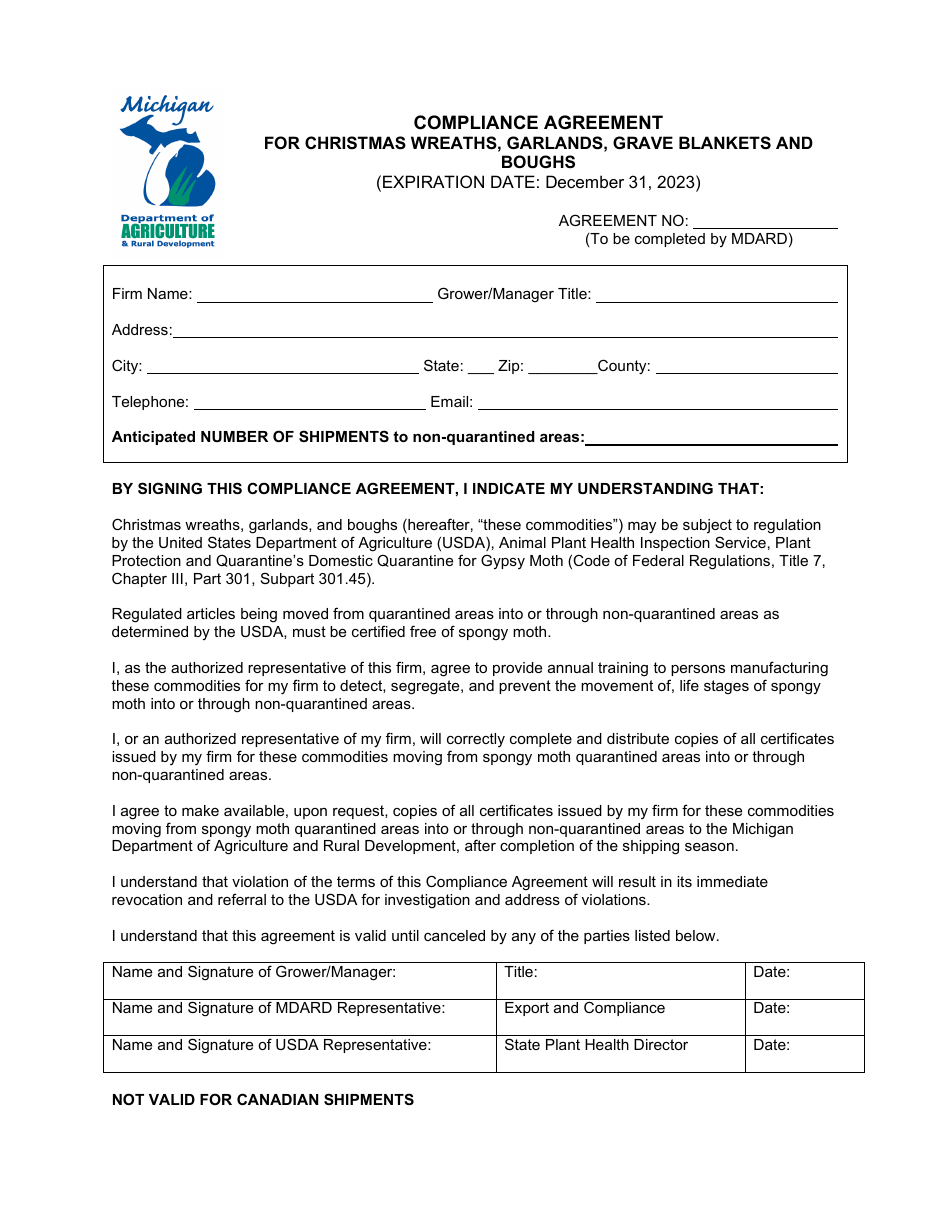 Compliance Agreement for Christmas Wreaths, Garlands, Grave Blankets and Boughs - Michigan, Page 1