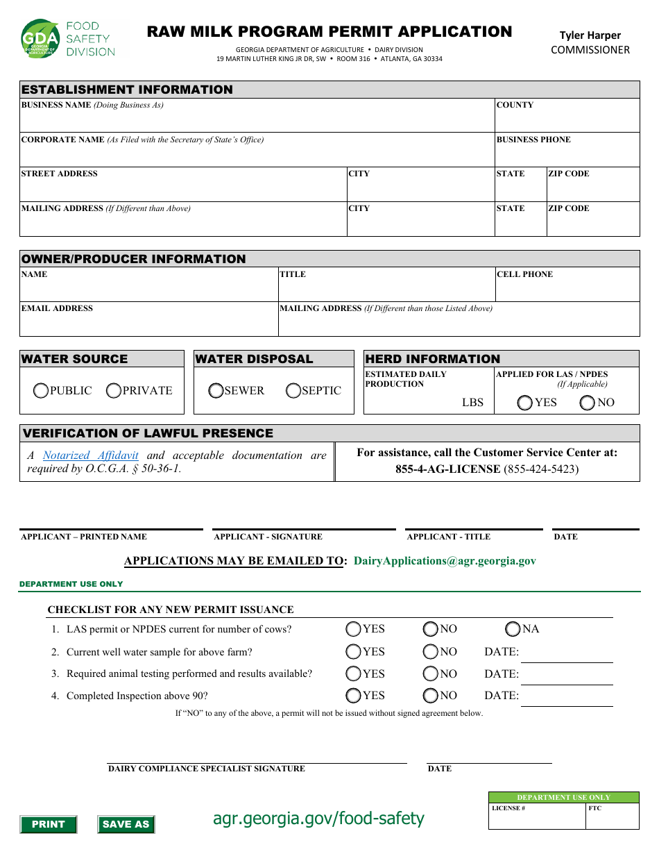 Raw Milk Program Permit Application - Georgia (United States), Page 1